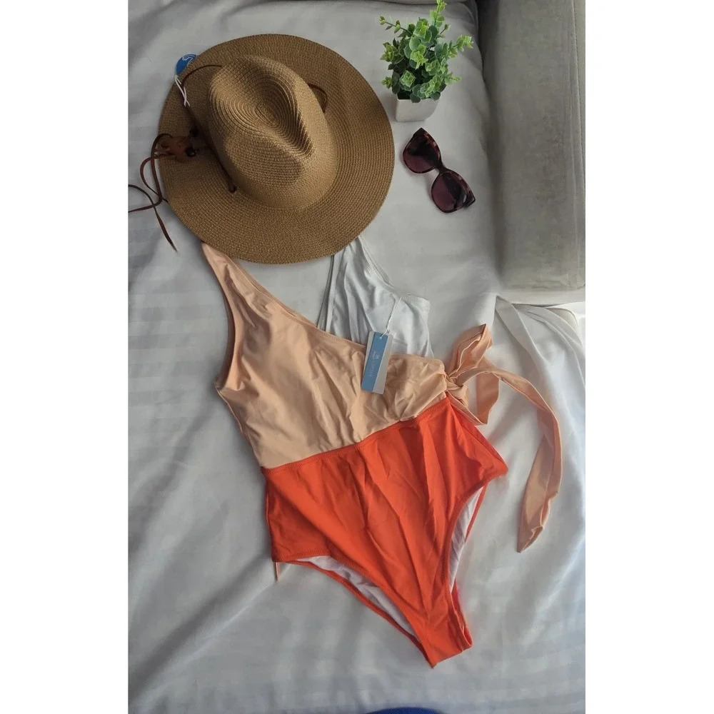 Cupshe Women Colorblock Wrap One Piece Swimsuit Coral Peach White Side Tie‎ M
